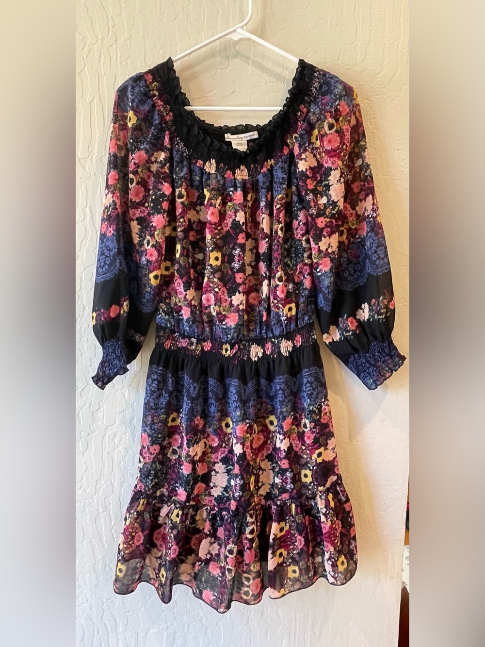 American Rag Black Floral Mini Dress with Pink, Yellow and Blue Blooms